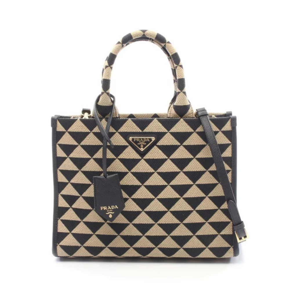 Prada Symbol Tote Bag Canvas Leather Beige Cream Black